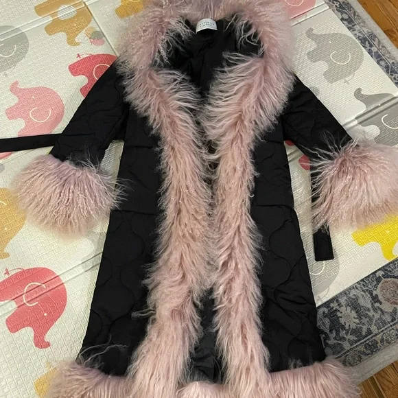 Charlotte Simone Black Puffer Coat with Pink Mongolian Fur Trim - Picture 2 of 16